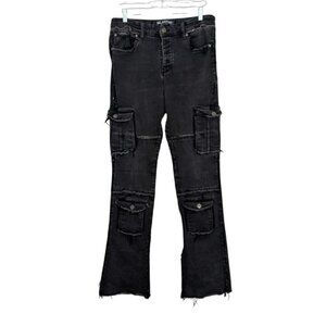 Valabasas Cargo Button Fly Jeans Size 30x34 Black Flare Denim Cotton Stretch
